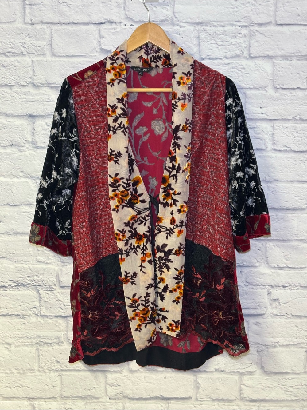 John Mark Embroidered Velvet Kimono Duster Wrap Jacket Floral Boho Artsy Small